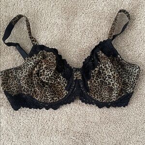 Leopard Print Underwire Bra with Black Lace Trim - Brown/Black